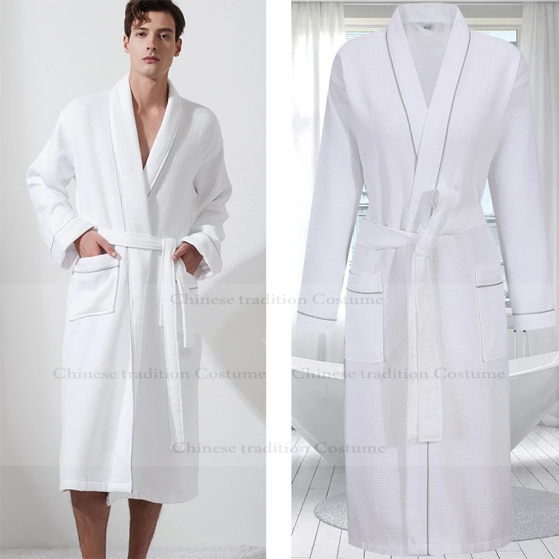 100% Cotton Waffle Robe Women Shower Bath Gown Lady Men Nightgown Home Service Hotel Bathrobe Autumn Winter Absorbing Sleepwear