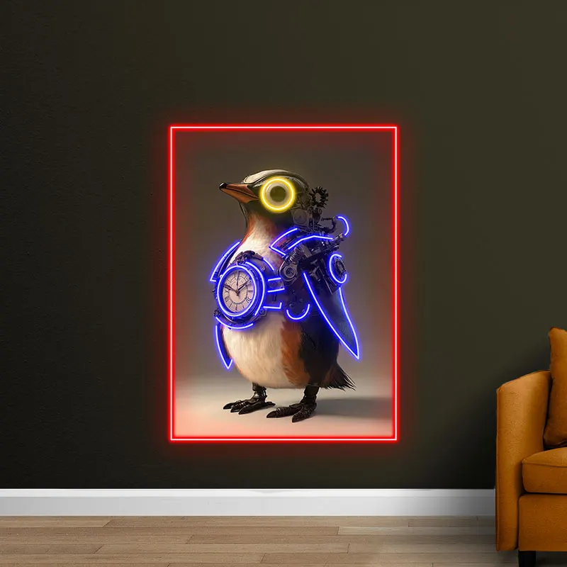 Steampunk Penguin Neon Light Sign - Unique Mechanical Clockwork Design with Glowing Accents, Perfect for Sci-Fi Decor, Game Room