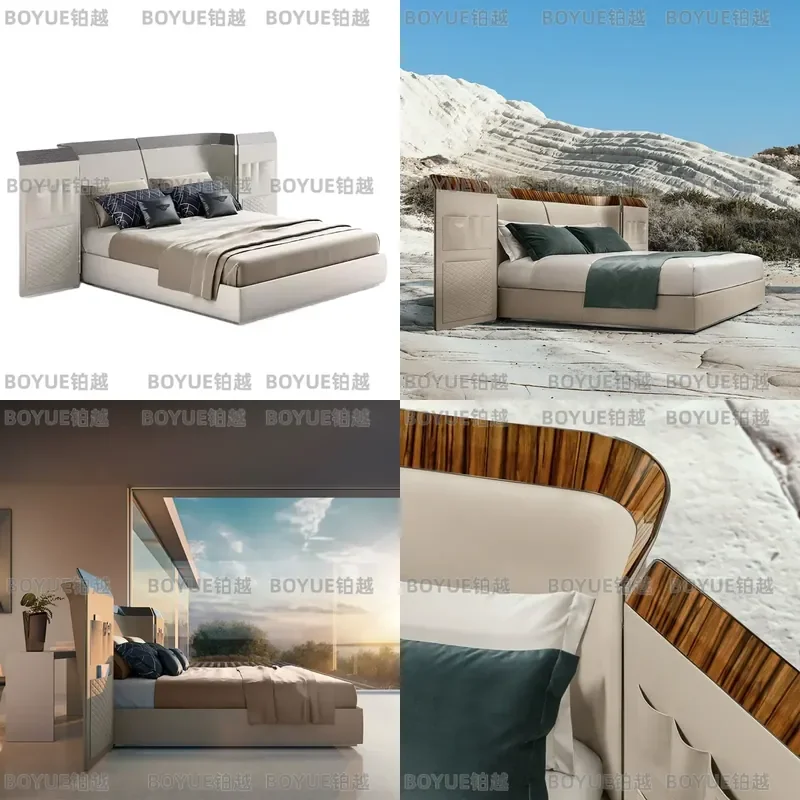 Italian Luxury Genuine Leather Bed Frame Queen Size Modern High End Upholstered Platform Bedroom Furniture for Master Suite