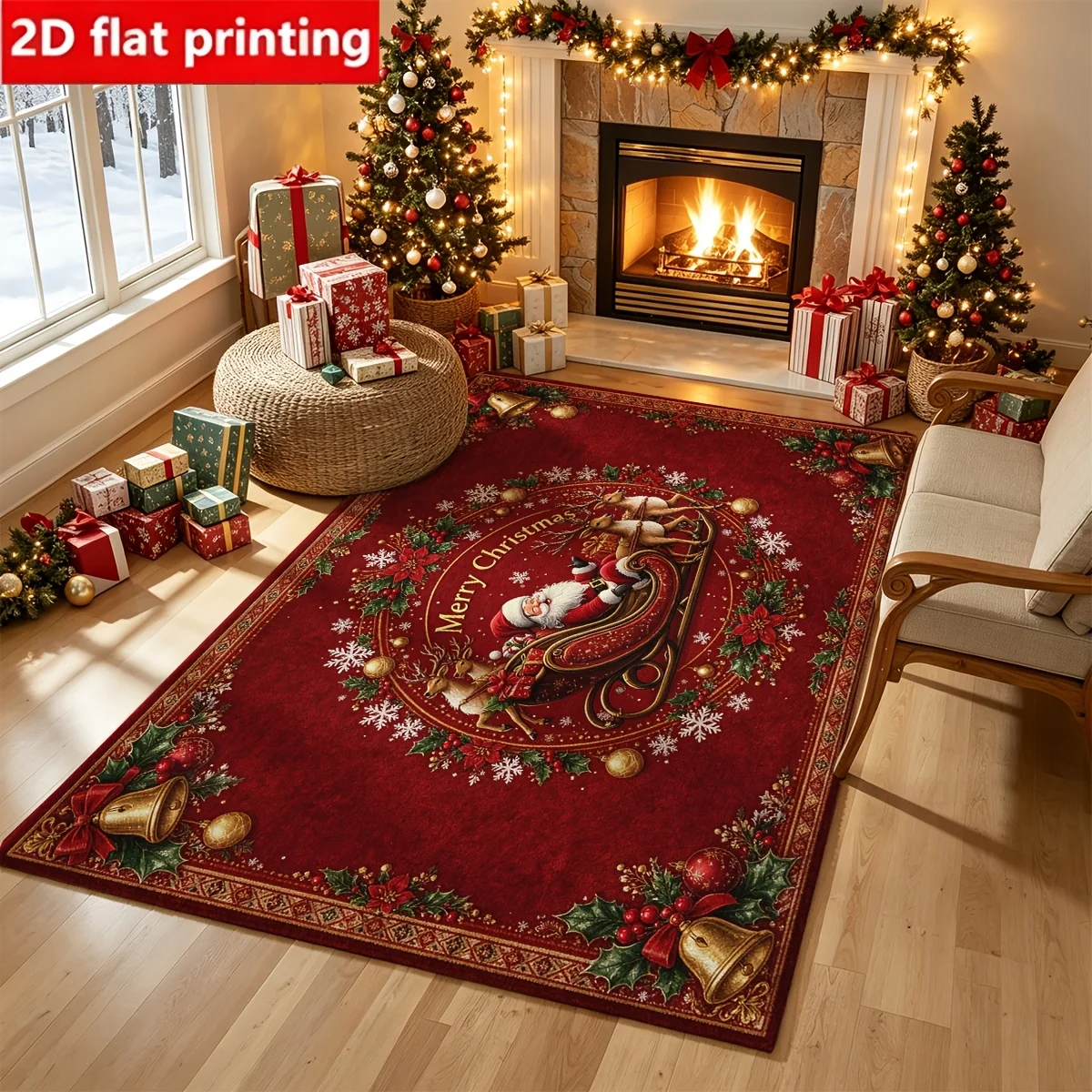 1pc 2D Flat Santa Sleigh Reindeer Bell Christmas Printed Floor Mat, Decorative Rug for Living Room, Bedroom, Home