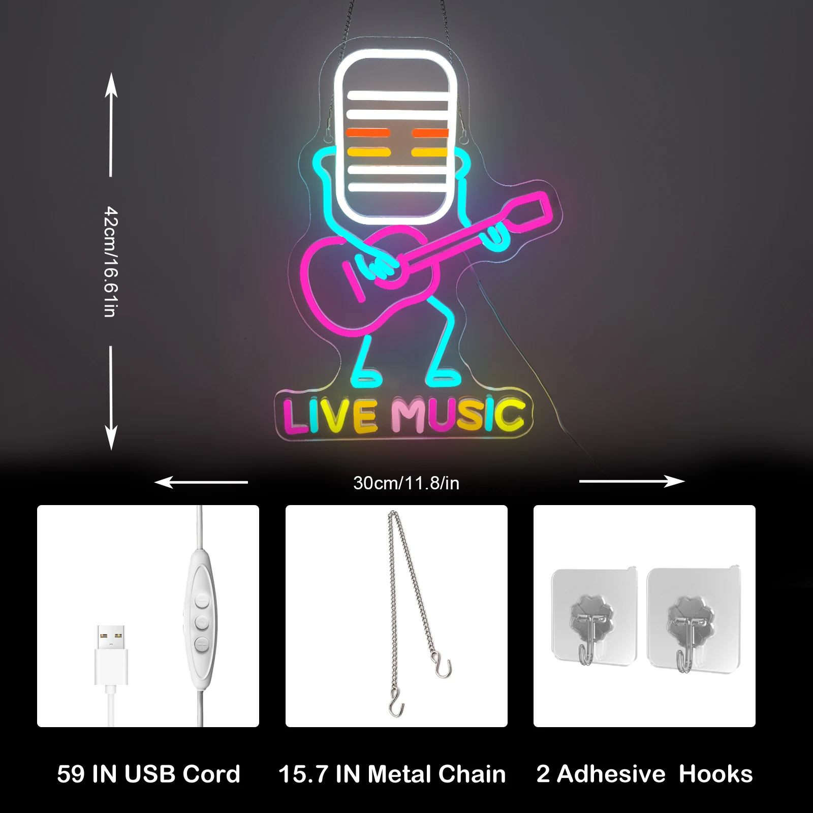 Colorful Live Music Guitar Neon Sign USB Powered Light Up Sign Wall Decor for Instrument Shop Bedroom Party Holiday