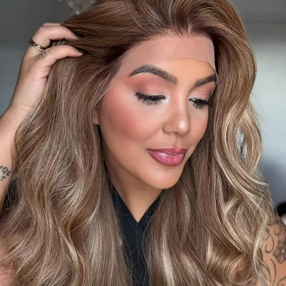 Easy To Wear Soft Honey Brown Highlights Synthetic Lace Frontal Wig Sugar Natural Preplucked Natural Hairline Realistic Look Wig