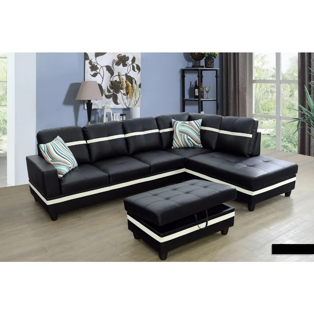 

sofa.Golden Coast Furniture Sectional Sofa Set, L Shape Couch, Living Room Leather with Storage Ottoman & Toss Pillows