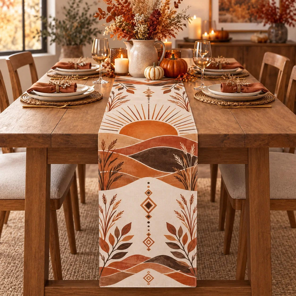 Boho Desert Sun Table Runner Beige Mountain Landscape Long Tablecloth Minimalist Vintage Dining Room Kitchen Home Decoration