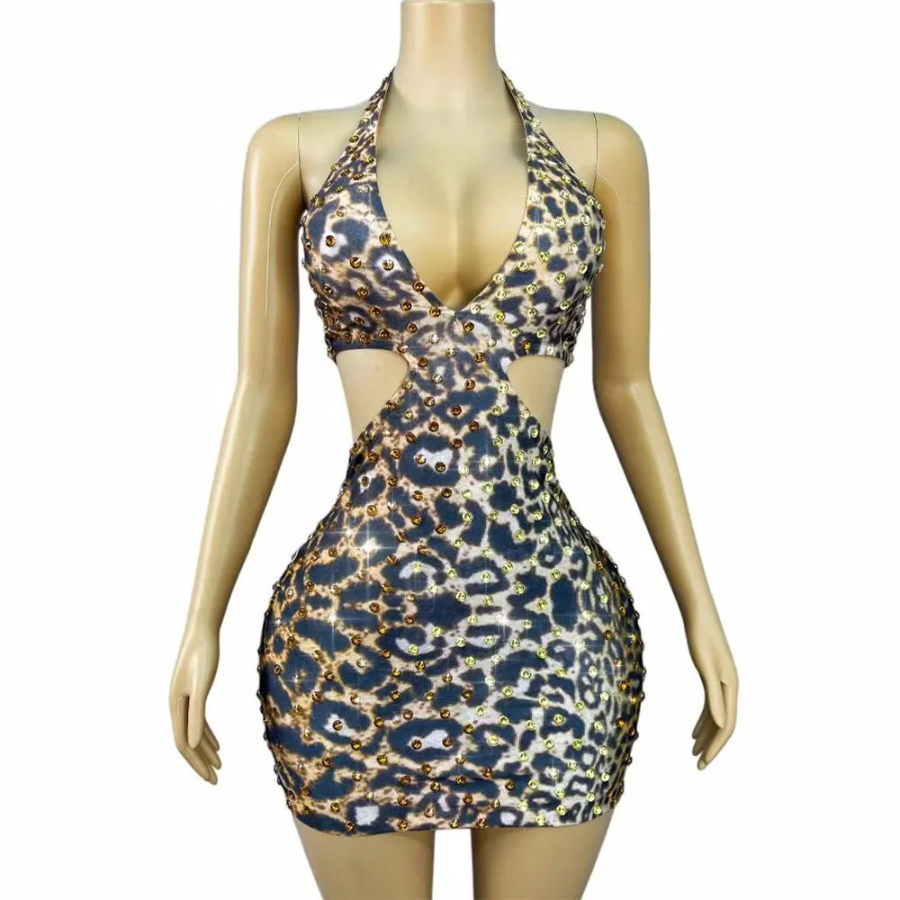 Sexy Deep V-neck Cultivation Shining Rhinestones Leopard Print Dress Daily Birthday Party Outfit Performance Stage Wear