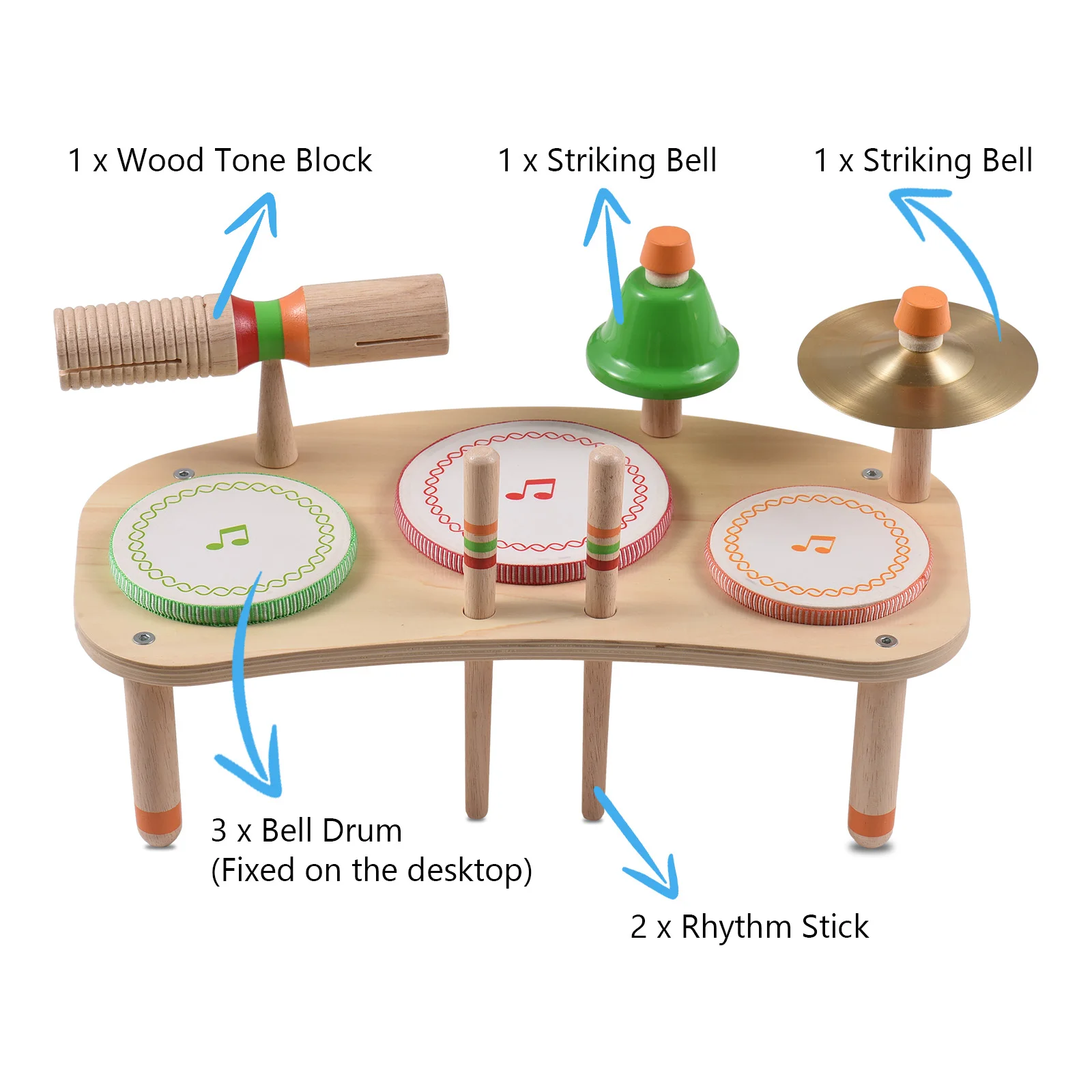 Drum Set 7-in-1 Desktop Drum Portable Detachable Drum Kits Percussion Instrument Natural Wood Smooth Burrless