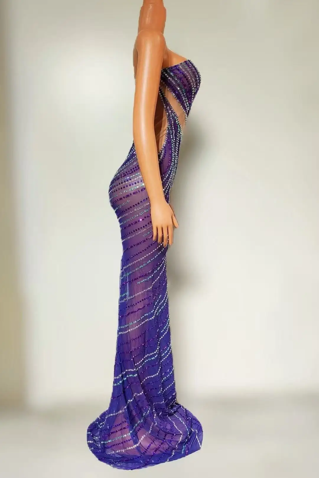 キラキララインストーン斜めショルダースカート女性のセクシーなメッシュ透明パーティー祝う誕生日ドレス写真撮影着用