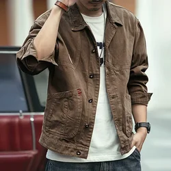 Button Jeans Coat for Men Black Cargo with Embroidery Denim Jackets Man Brown Splicing Winter Outerwear on Board Rock Oversize G