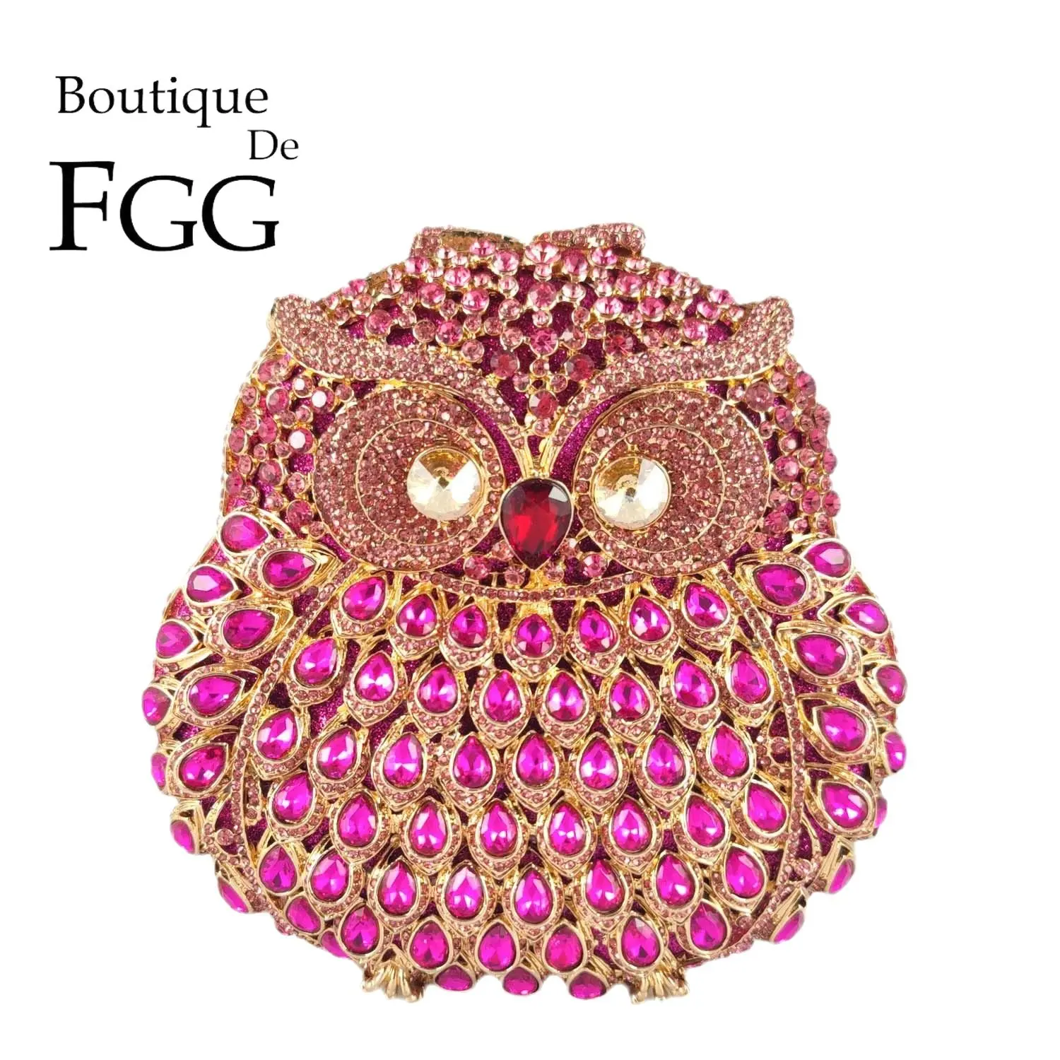 Boutique De FGG Pink Owl Crystal Clutch Evening Minaudiere Bags for Women Formal Party Rhinestone Handags Bridal Wedding Purse