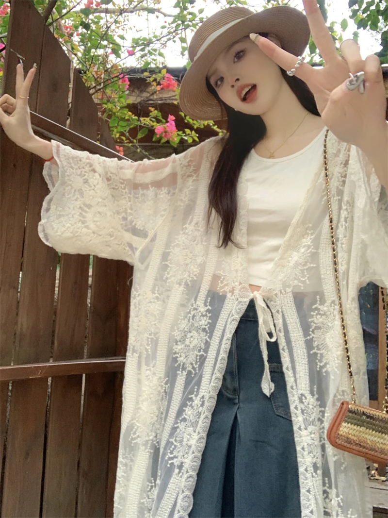 LACE-Up Beige ลูกไม้กิโมโนเสื้อสเวตเตอร์ถักผู้หญิงฤดูร้อนแขนยาว SHEER เย็บปักถักร้อยตาข่ายบางเสื้อ Holiday Beach Boho COVER-Up
