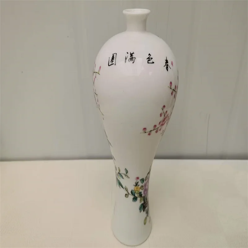 Chinese Old Porcelain Vase ,with Pink Flowers and birds Chart plum bottle Decorative Pottery Artwork Collectible