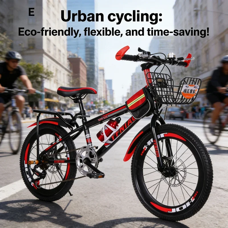 دراجة جبلية بفرامل قرصية للأطفال باللونين الأسود والأحمر مع حقيبة هدايا للمقعد الخلفي لسلة السيارة ذات السرعة المتغيرة