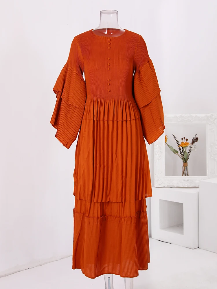 LANMREM-Robe longue plissée à manches évasées pour femme, tenue de soirée élégante, couleur unie, nouvelle collection printemps 2024, 32C737