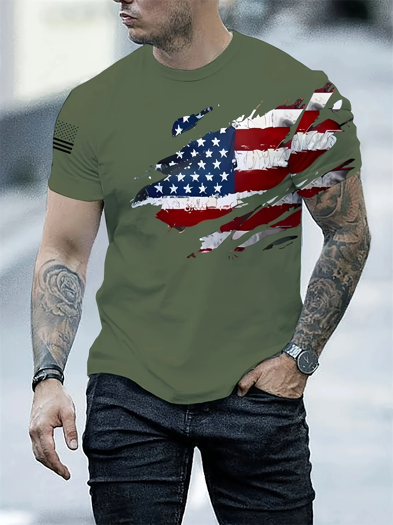 European and American summer casual five-pointed star pattern 3D printed round neck short-sleeved outdoor T-shirt