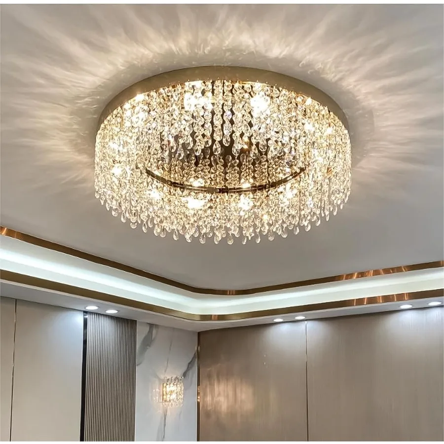 

Modern Crystal Chandelier 24 inch Round Raindrop Crystal Chandeliers Flush Mount Ceiling Light Fixture for Living Room Dining