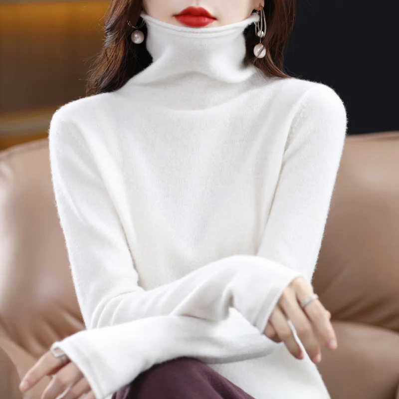 100% wool turtleneck sweater new solid color high-end loose Joker knit pullover woman