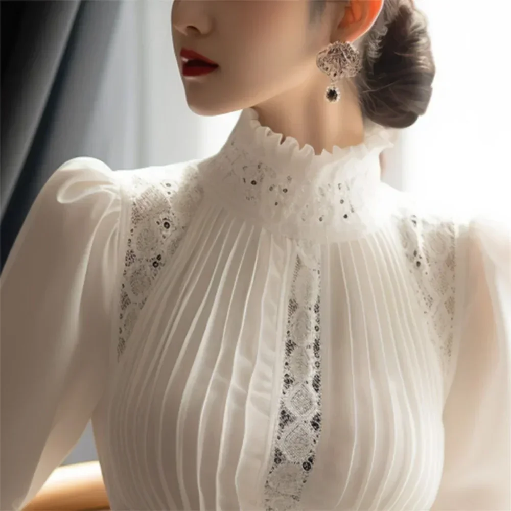 2025 Spring Ladies Patchwork Lace Hollow Out Long Sleeve Shirt Tops New Korean Fashion Women's Solid Color Stand Collar Blouses