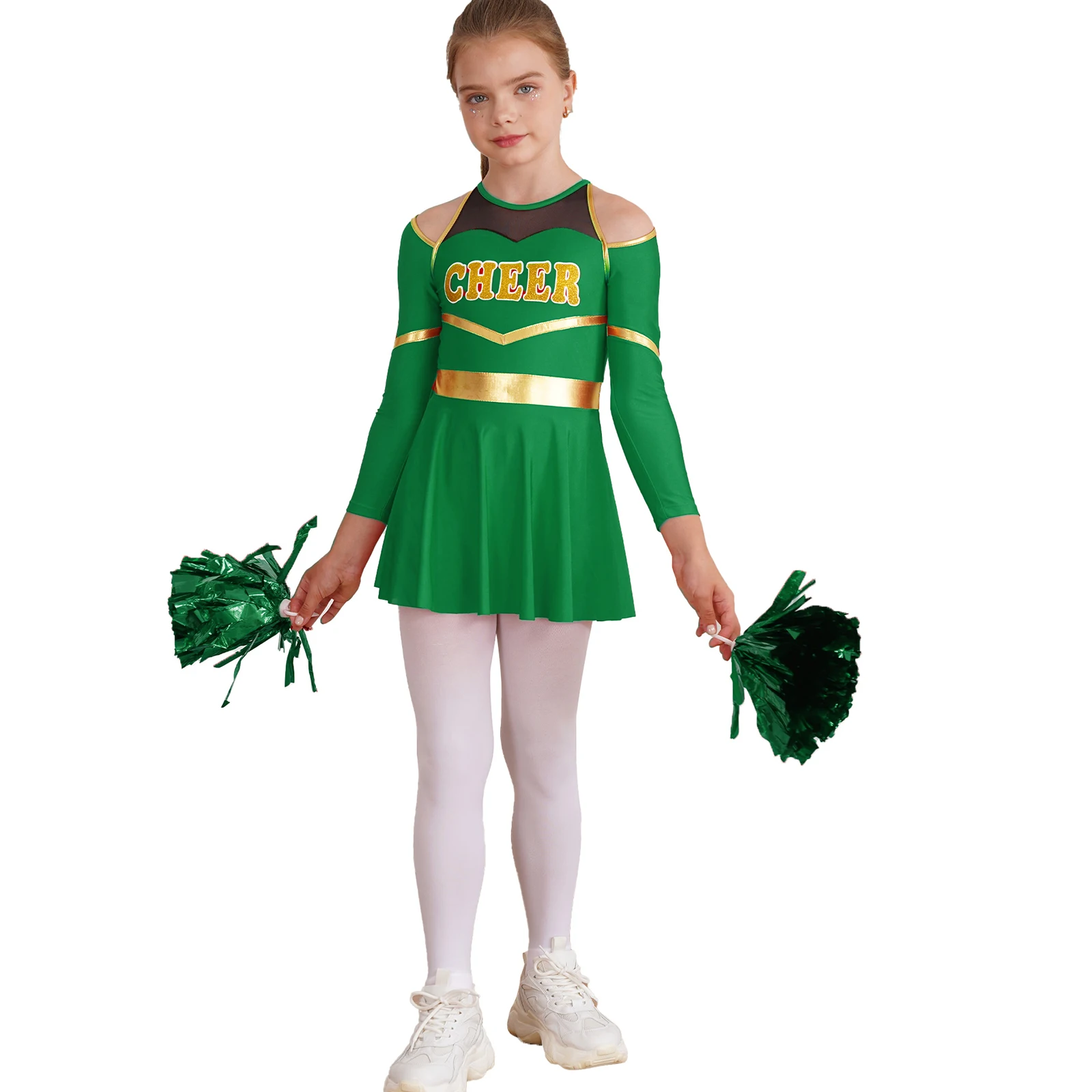 Tenue de danse Cheer pour enfants, uniforme de pom-pom girl pour filles d'école, robe justaucorps à manches longues pour enfants, fleurs à la main pour l'équipe d'encouragement