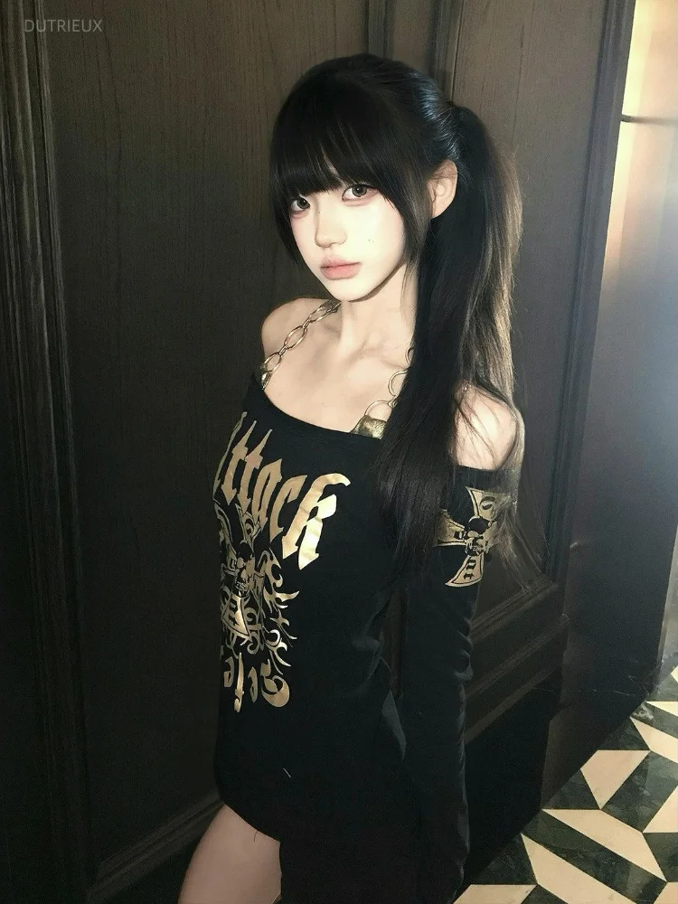 Y2k Aesthetics Cross Letter Printing Tshirts Streetwear Sexy Chain Halter Vintage Tess Harajuku Grunge Women Punk Casual T-shirt