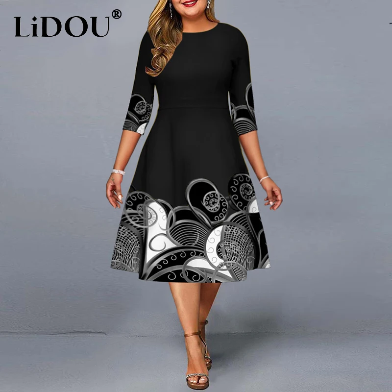 Autumn Winter Fashion Plus Size Folk-custom A-line Dress Women Striped Three-quarter Sleeve Oversized Aesthetic Chic Party Dress