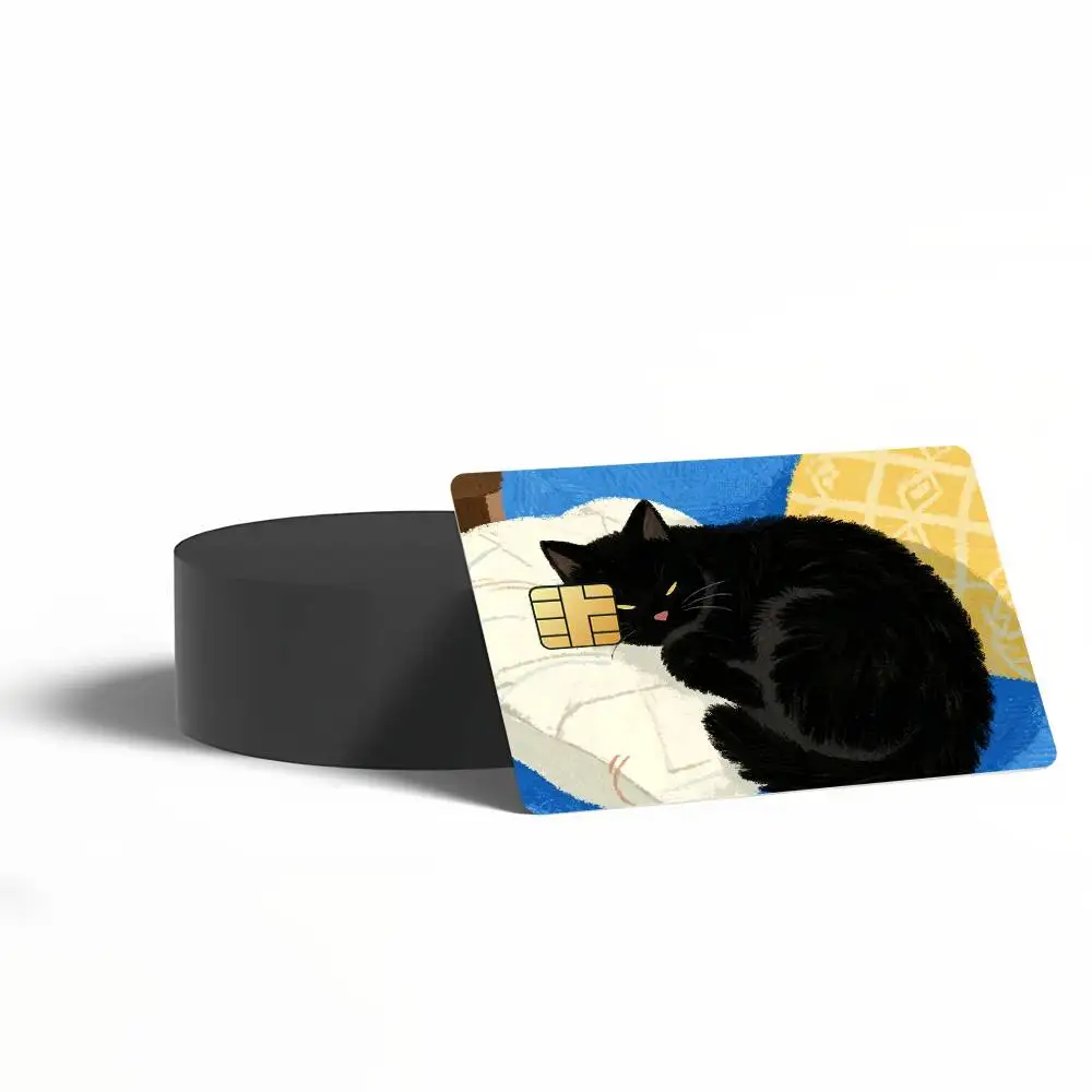 Sleep Black Cat Sweet Cartoon Card Stickers for Bank Access Protective Waterproof Film Cover Sticker Surprise Gift