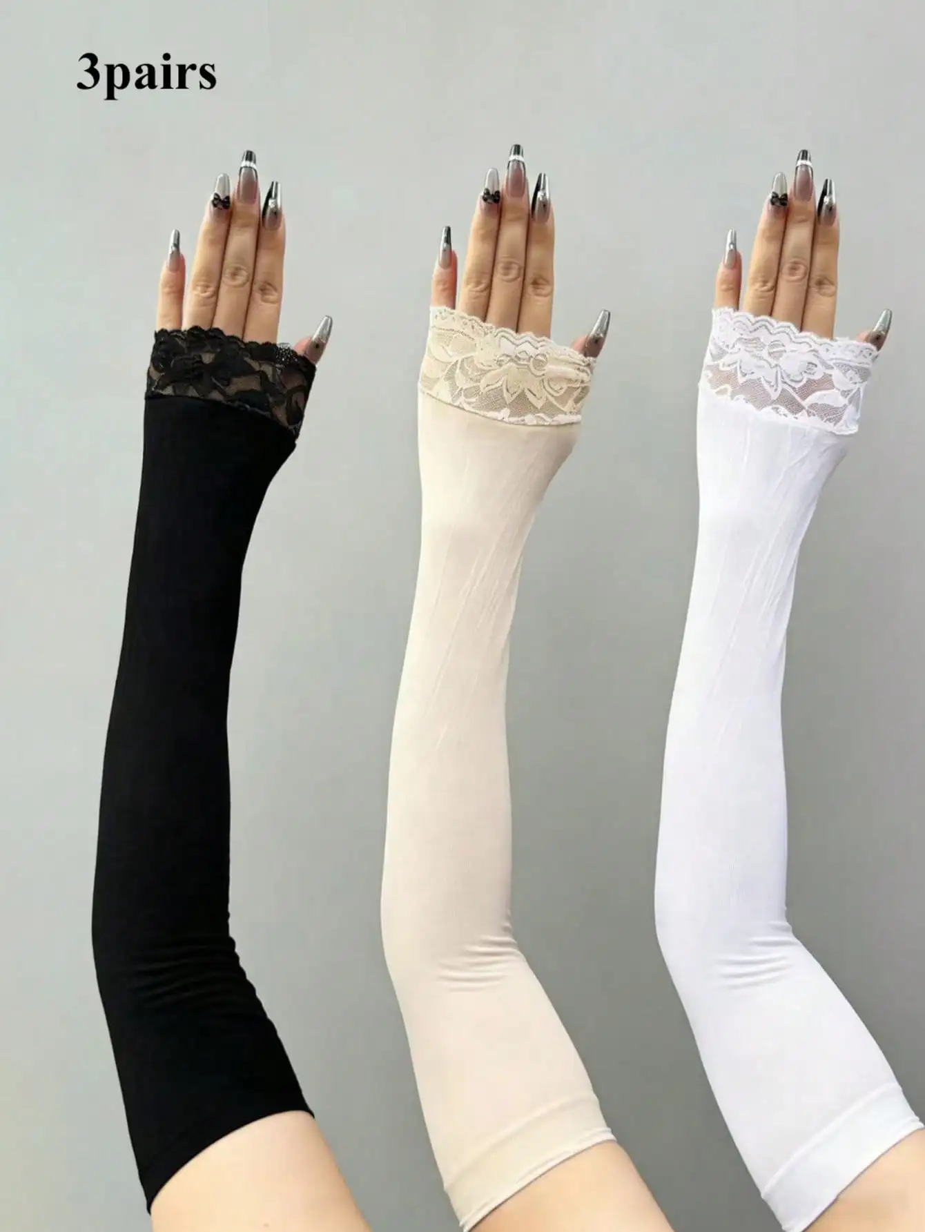 

3 Pairs Women Elegant Black & White Lace Trim Thin Arm Sleeves, Suitable For Outdoor Or Vacation Wear,Travel,Festival