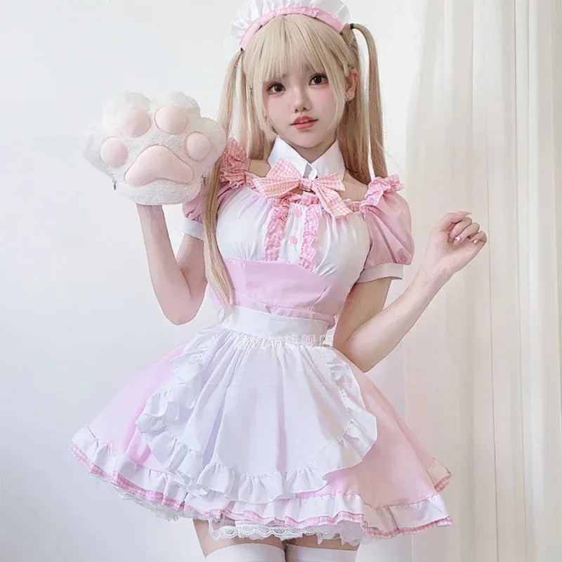 Oktoberfest, cosplay de sirvienta de talla grande, dulce lolita, encantador gatito, vestido rosa, uniforme sevika, traje de cafetería, ropa de 4 piezas
