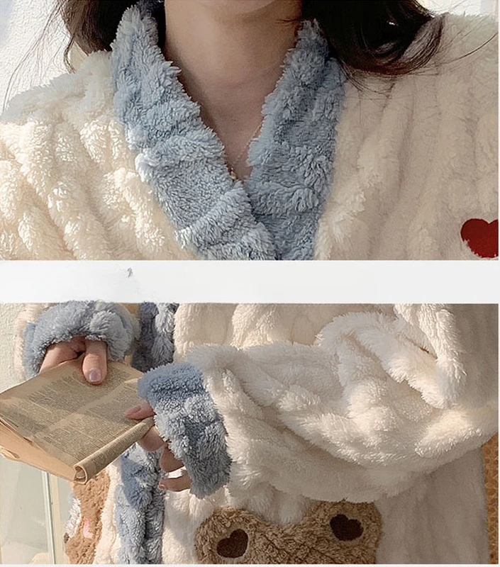 Women Coral Velvet Pajamas Winter New Fleece-lined Thickened Cartoon Bear Nightclothes Suit Thermal Flannel Female Homewear Sets