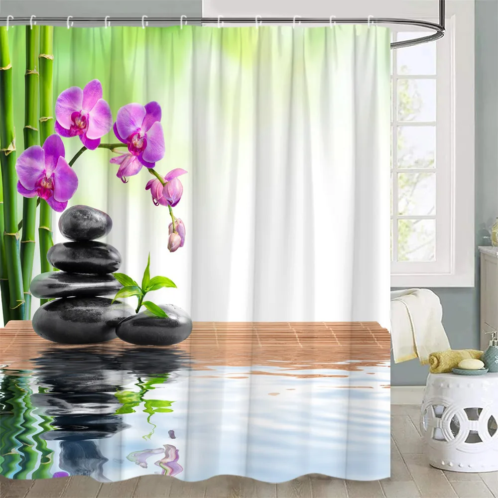 Zen Stone Shower Curtain Candles River Landscape Green Bamboo Leaves Spa Purple Orchid Polyester Fabric Bathroom Decor Curtains