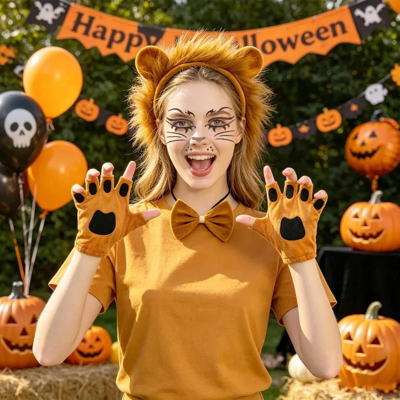 5PCS Lion Costume Set Mane Headband Tail Bowtie Paws Halloween Dress Up Safari Jungle Animal Halloween Birthday Party Dress Up 3