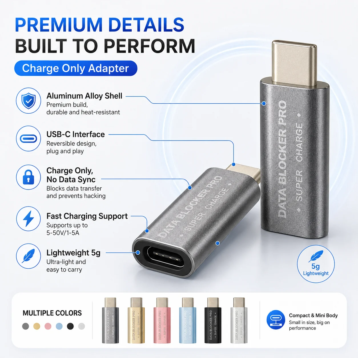USB C Data Blocker Charge Only Adapter Type C Fast Charging Data Protection Anti Theft Aluminum Alloy Privacy Security Adapter view 2