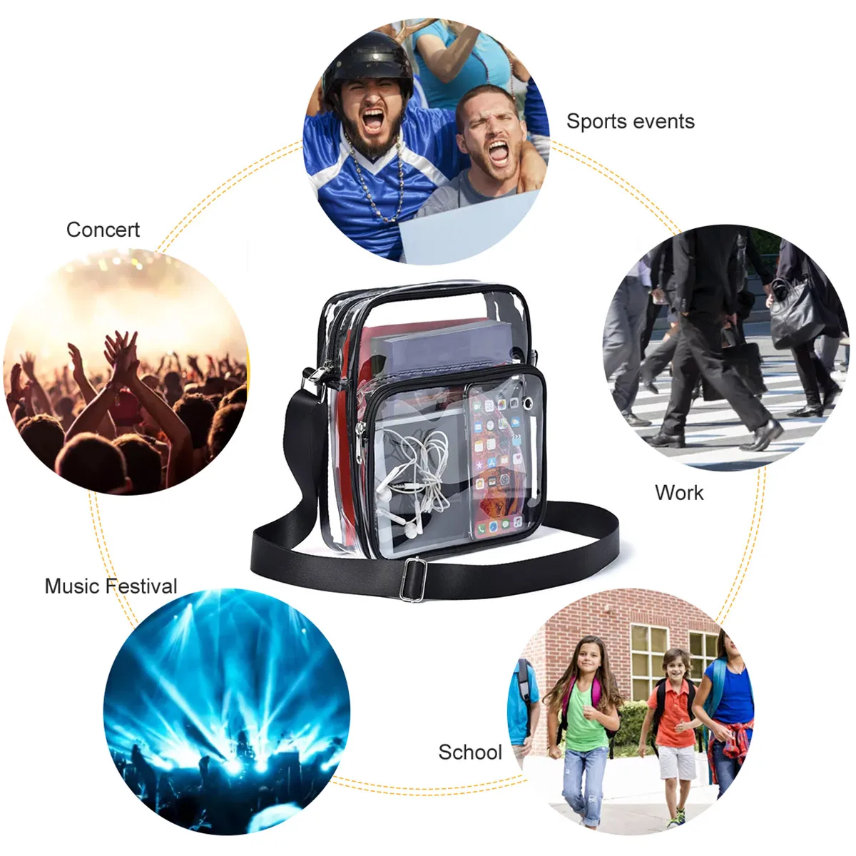 Hand-free Transparent Crossbody Bag PVC Waterproof Messenger Bag Headphone Jack Design Shoulder Bag for Concerts Sports Events