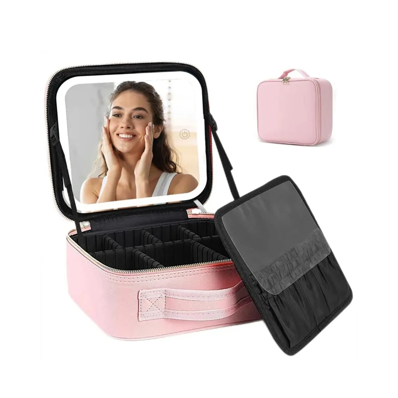 Travel Makeup Bag Cosmetic Bag Makeup Organizer Bag With Mirror Make Up Case Of 3-Color LED Lighted Makeup Train Case