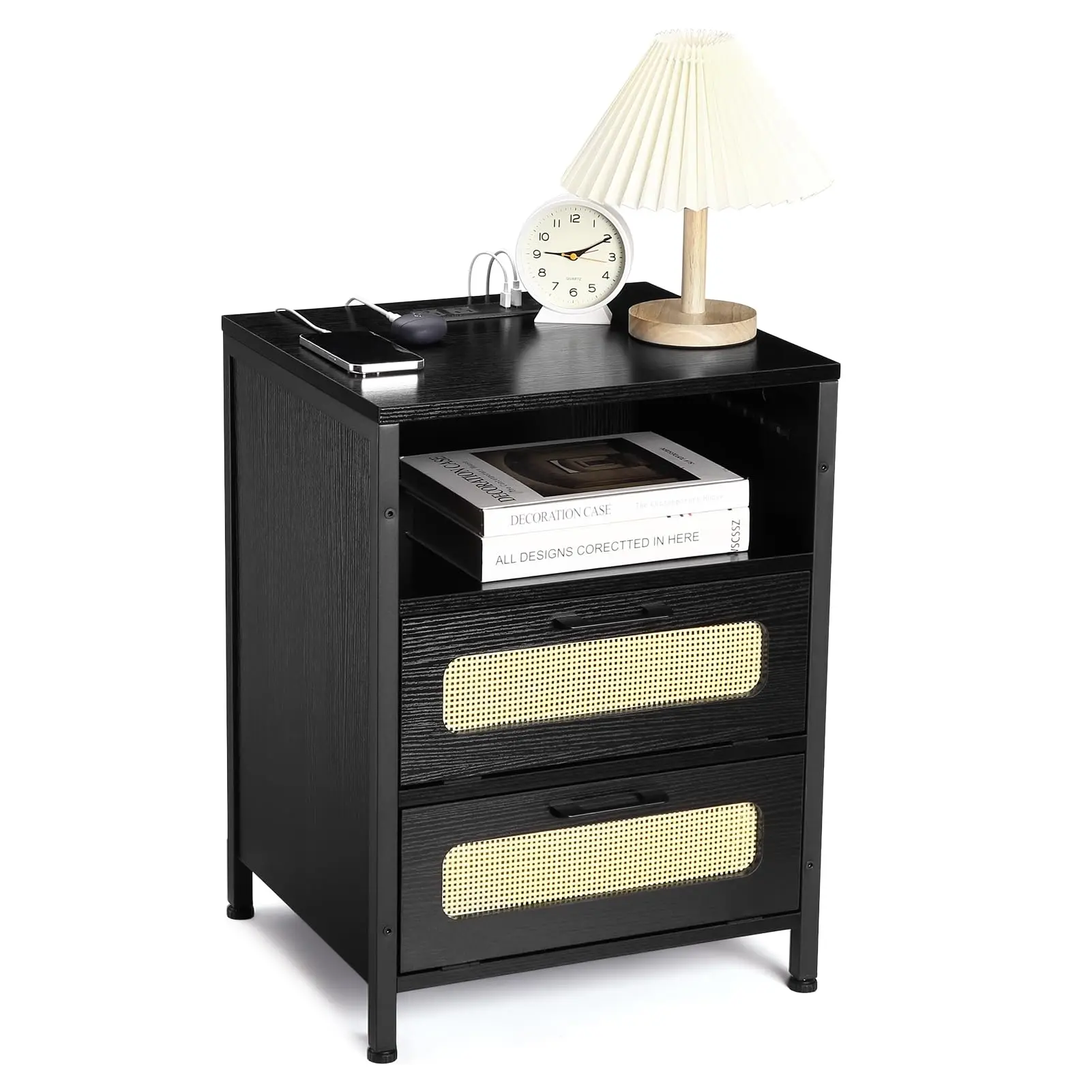 

LED Nightstand with Charging Station, Bedside Table with USB Ports & Outlets, Modern End Table with 2 Rattan Decor Drawers