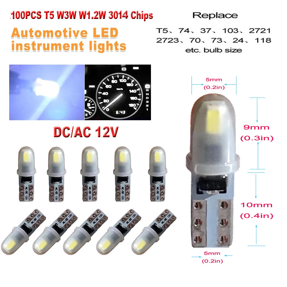 100pcs T5 PC74 PC37 Canbus LED Bulb  for Car Dashboard Instrument Panel Lamp  Indicator Wedge Light  DC/AC 12V  White