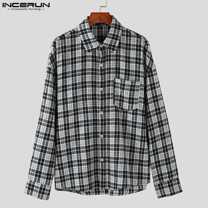 INCERUN Tops 2024 Koreaanse Stijl Mode mannen Plaid Patroon Ontwerp Shirts Casual Streetwear Mannelijke Revers Lange Mouwen Blouse S-5XL