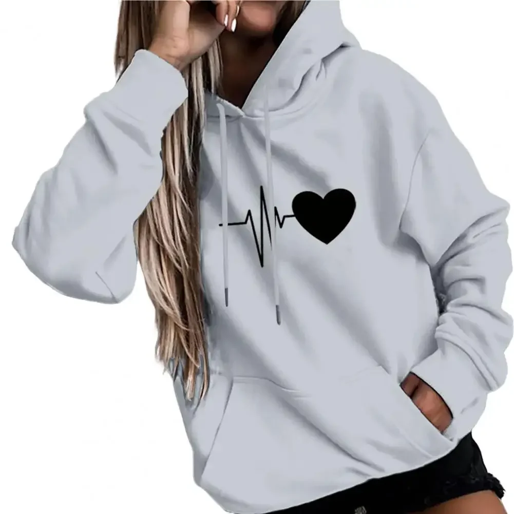 

2024 Women Hoodie Heart Print Long Sleeves Drawstring Solid Color Hoodies Young Style Pullover Hoody Sweatshirt Female Clothing