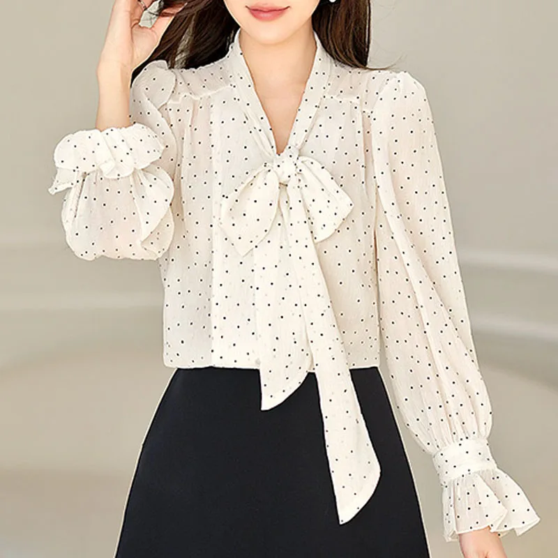 Camisas de Mujer, Blusa con Lazo en el Cuello, Blusa de Chifón con Puntos, Blusa de Manga Larga para Mujer, Q5065, Novedad 2026
