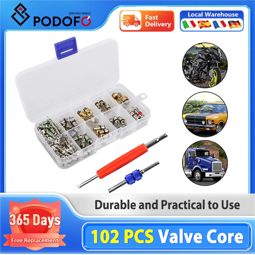 Podofo 102pcs R134A Car A/C Core Valves Automotive Air Conditioning Assortment Kit R12 Valve Core Remover Tool Car Accessories