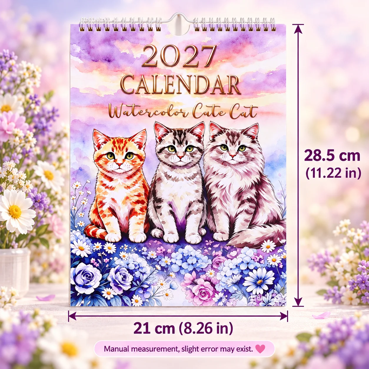 2027 Decorative Watercolor Cat Wall Calendar,cute Animals Spiral Bound Monthly Planner Hanging Design For Home Office Decor Gift
