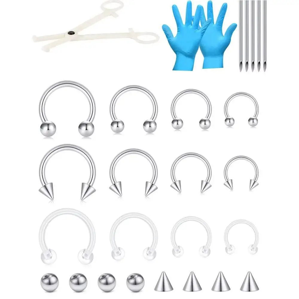 1-28Pcs Set Body Piercing Stainless Steel Mixed Size Septum Rings Horseshoe Cartilage Hoops Eyebrow Retainers Piercing Tools