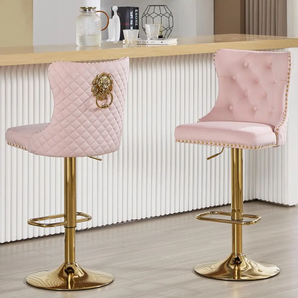 

Stools Set of 2 Velvet Swivel Kitchen Counter Chairs with Tufted High Back Modern Upholstered Gold Barstools with Lion Pull Rin
