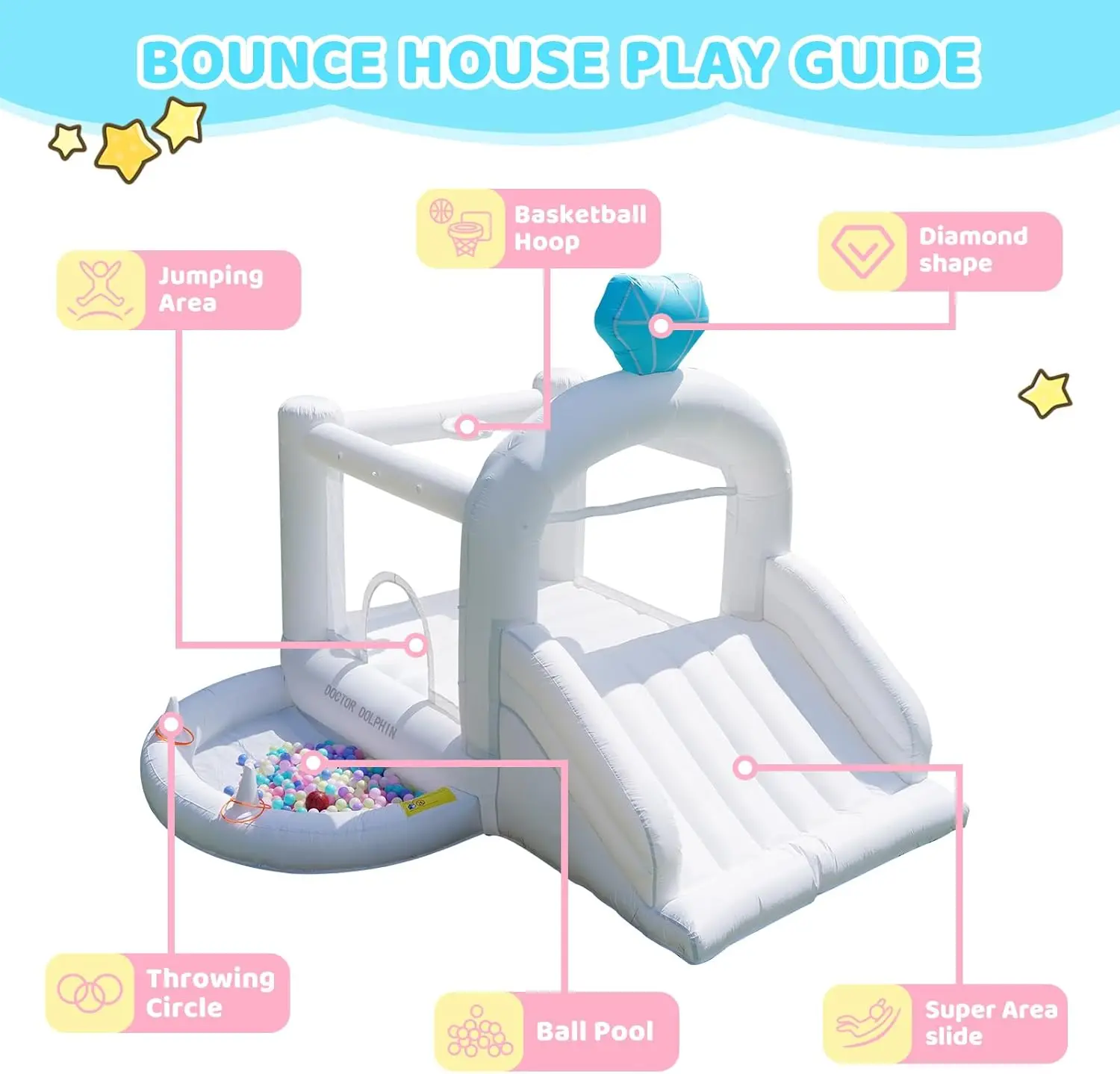 بيت دكتور دولفين القابل للنفخ، منزل نطاط أبيض للأطفال 3-6، منزل قفز قابل للنفخ مع حفر كروية لحفلات الزفاف #3