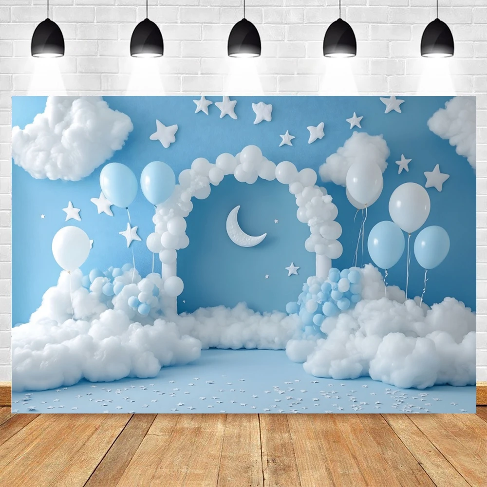 Newborn First Birthday Backdrop Blue Balloons Moon Star Clouds Tent Interior Room Scene Baby Shower Photography Background Decor