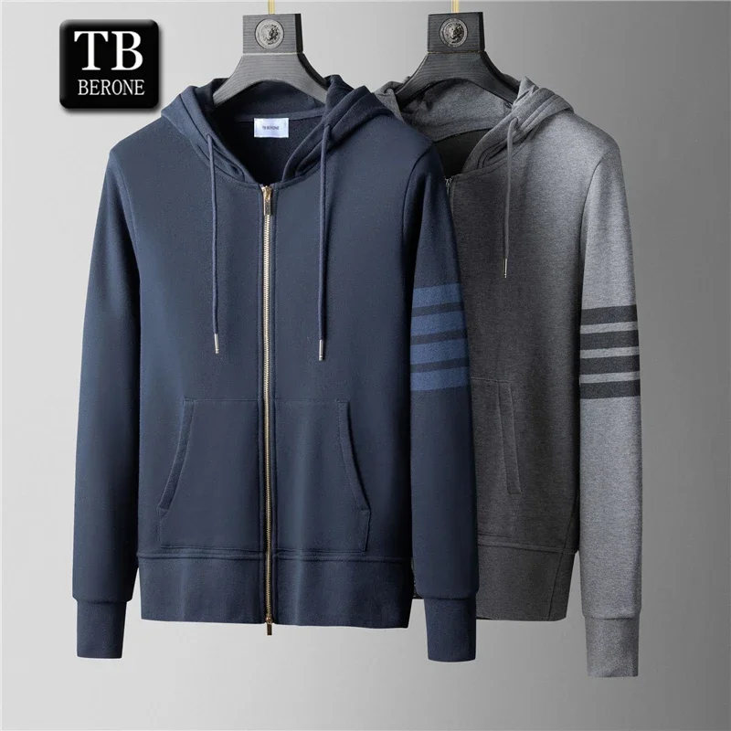 

TB BERONE Men's Webbing Hoodie Trend Sports And Leisure Four-bar Striped Cotton Sweater Zipper With Cardigan Thom Brand Couple