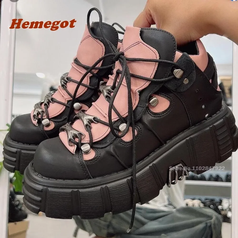 

Женские ботинки на шнуровке Tank Bottom, розовые цветные темные готические мотоциклетные ботинки с круглым носком, зимняя обувь, пикантные девушки и мальчики