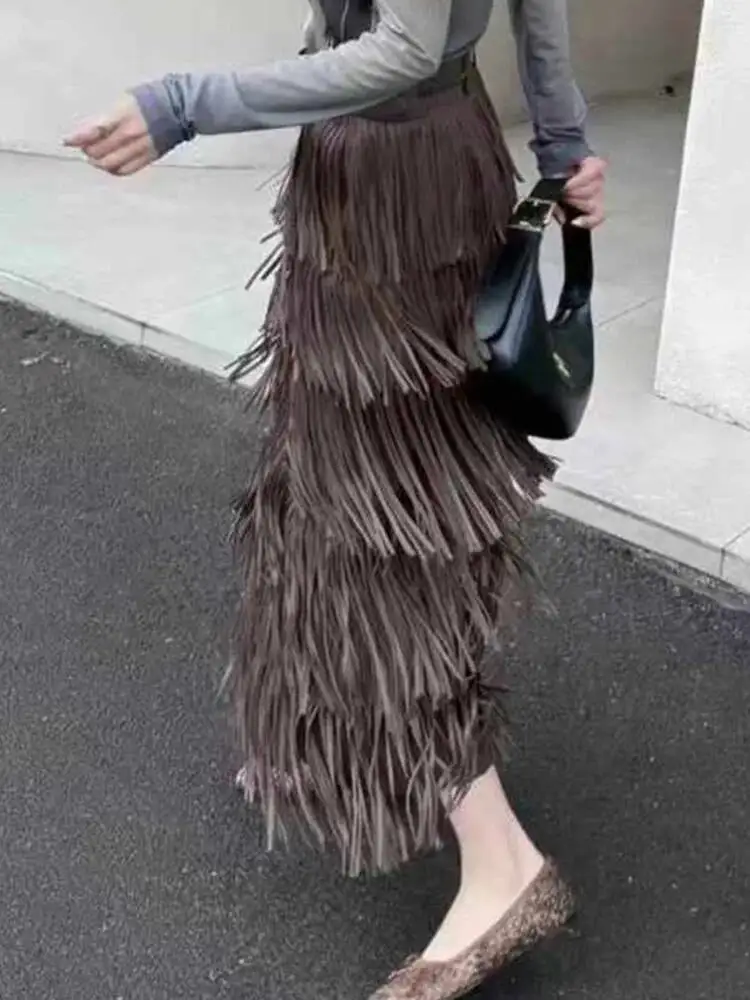 Fashion Solid Color Tassels Skirt Women's Elastic Waist Versatile Straight-cut Skirts 2026 Spring New 17S3E5N