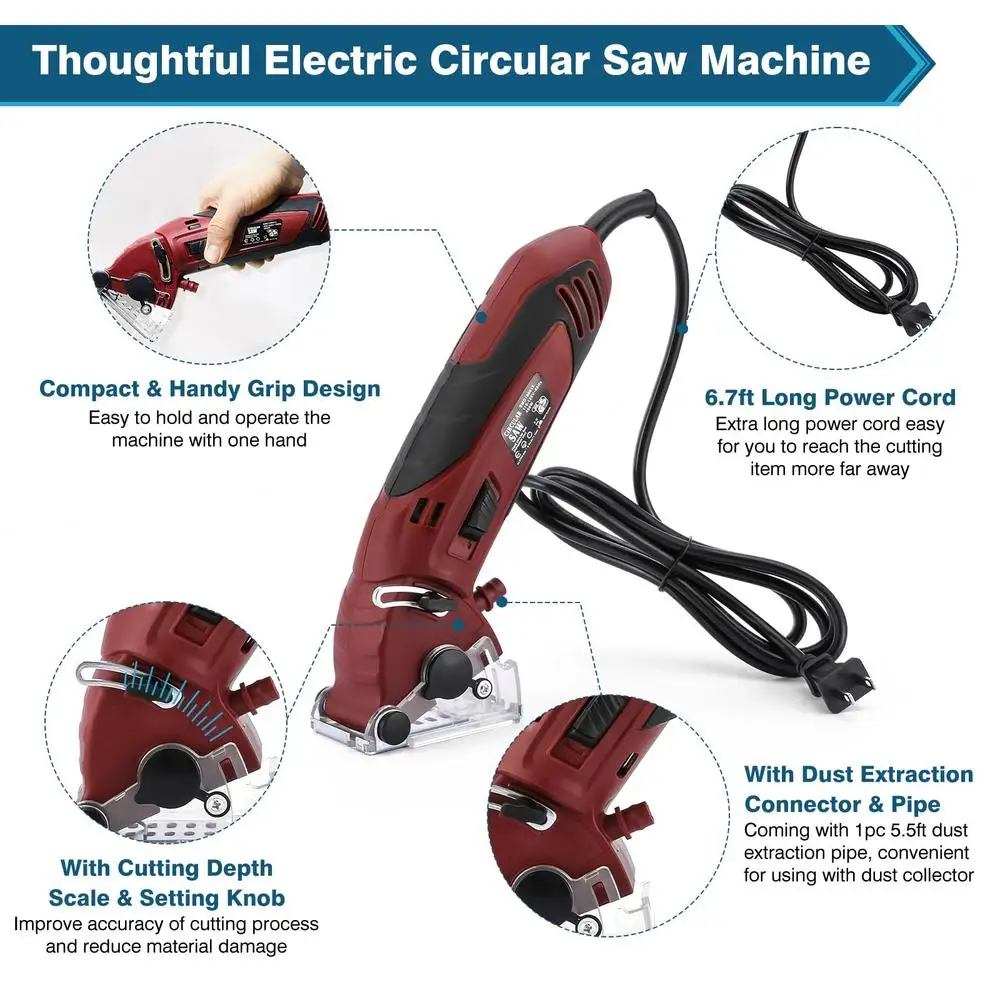 Lightweight 400W Mini Circular Saw with 3 Blades 3400RPM Corded Electric Handheld Cutting Tool