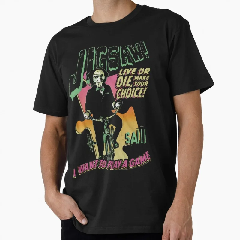 

Jigsaw I Want To Play Game Horror Vintage Movie Saw Scary Halloween gift T shirt for man Large size Tops 100% cotton clothes