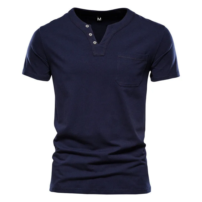 Men's V-neck Short-sleeved T-shirt Casual Short-sleeved Slim-fit Sports Henry Shirt Solid Color